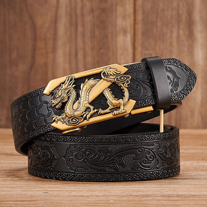 Men's Two-Layer Leather Belt | Dragon Automatic Buckle | Tang Grass Pattern Design | Gold & Silver Options