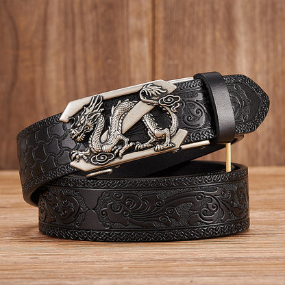 Men's Two-Layer Leather Belt | Dragon Automatic Buckle | Tang Grass Pattern Design | Gold & Silver Options