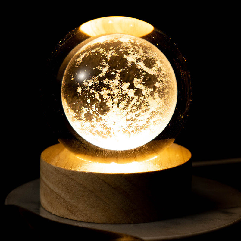 Creative USB Luminous 3D Crystal Ball Ornament with Beech Wood Base & Warm Light