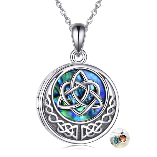 925 Sterling Silver Celtic Knot Photo Locket Necklace – Retro Silver with Abalone Shell | 18" O-Chain + 2" Extender