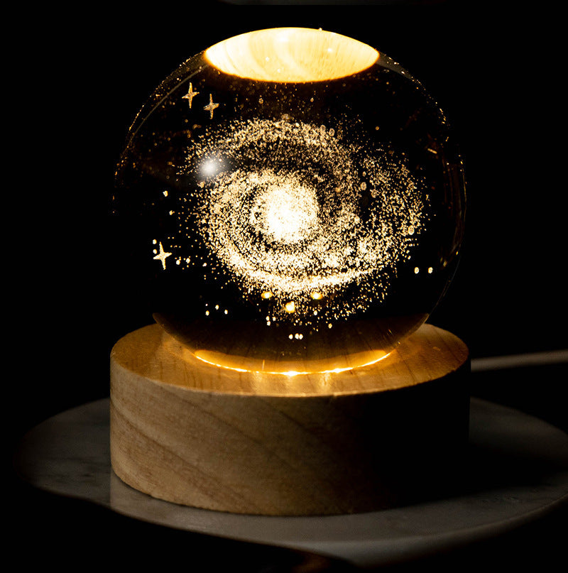 Creative USB Luminous 3D Crystal Ball Ornament with Beech Wood Base & Warm Light