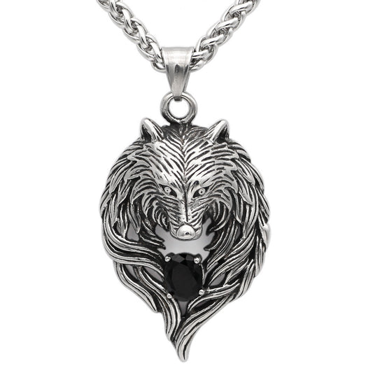 Celtic Wolf Head Pendant Necklace | Titanium Steel with Black Diamond