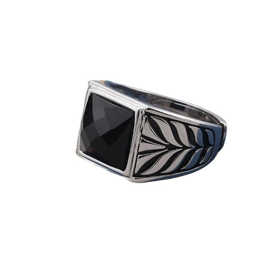 925 Pure Silver Black Agate Ring – Geometric Design, Adjustable Unisex | Simple & Stylish