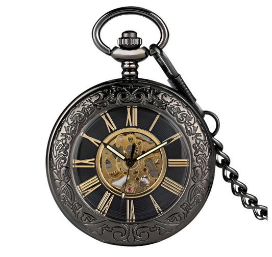 Flip Cover Transparent Carved Magnifying Glass Automatic Engraving Mechanical Pocket Watch - Mensclub.co.uk