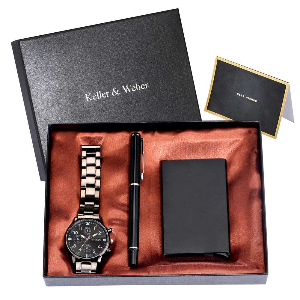 Men's Quartz Watch Credit Card Case Gel Pen Set Fashion Gift Set Box - Mensclub.co.uk