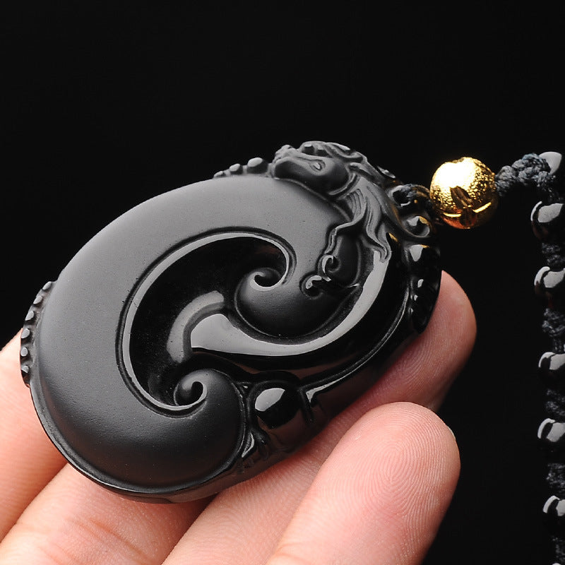 Natural Obsidian Frosted Pi Xiu Pendant Necklace – Unisex Ruyi Symbol of Prosperity & Good Fortune