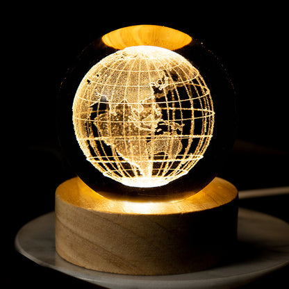 Creative USB Luminous 3D Crystal Ball Ornament with Beech Wood Base & Warm Light