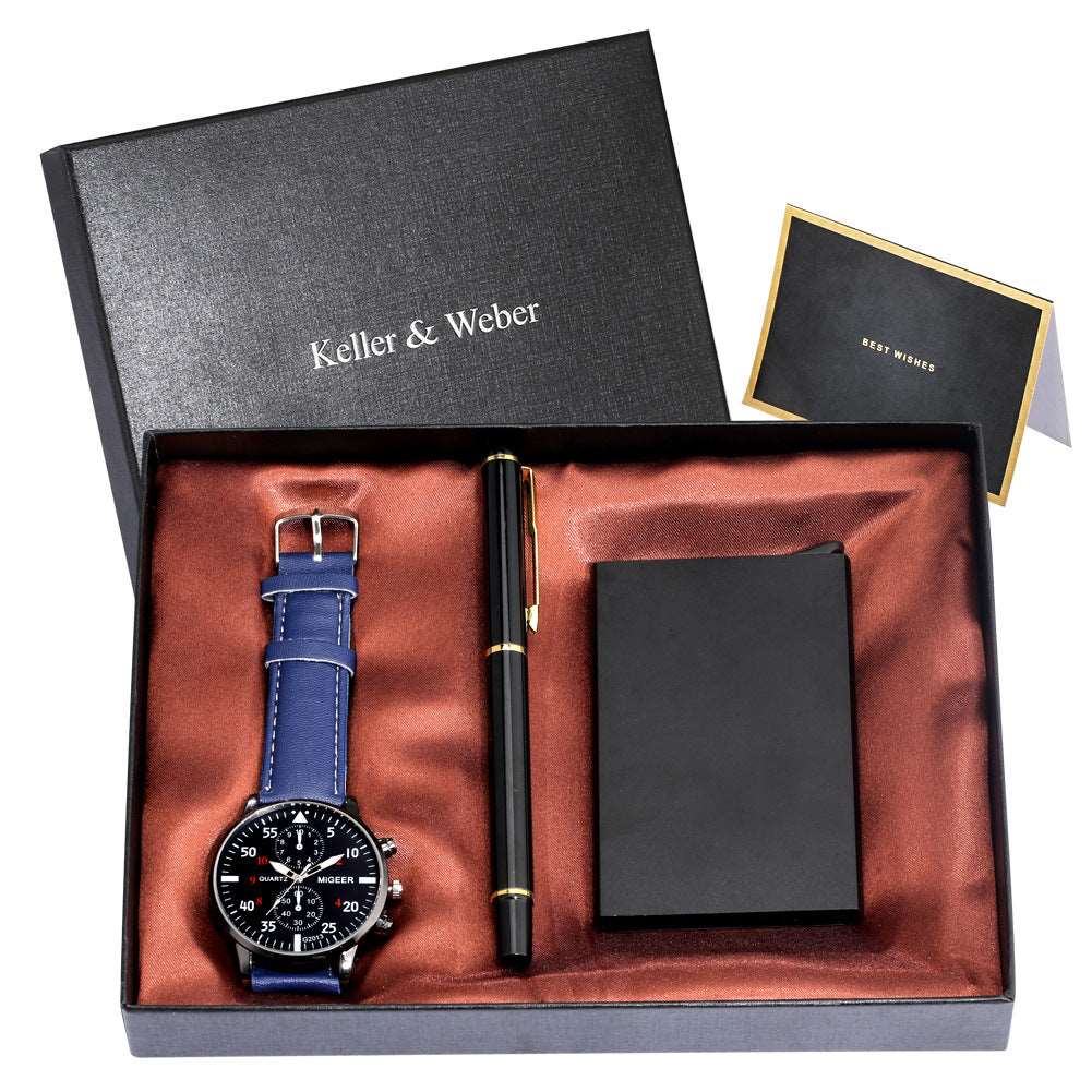 Men's Quartz Watch Credit Card Case Gel Pen Set Fashion Gift Set Box - Mensclub.co.uk