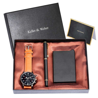 Men's Quartz Watch Credit Card Case Gel Pen Set Fashion Gift Set Box - Mensclub.co.uk